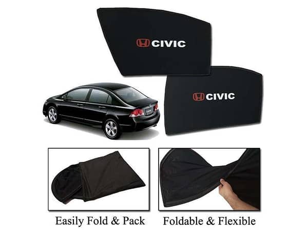 Foldable Sun Shades for Honda Civic 2006-2012 | Dark Black Mesh Fabric with Logo | Heat Resistant | Set of 4