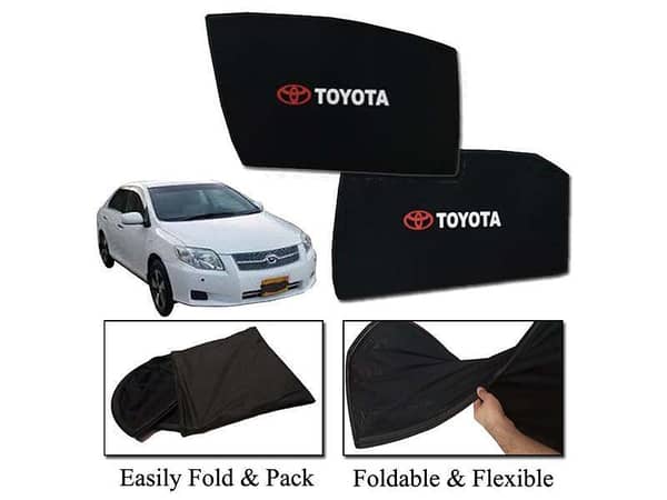Foldable Sun Shades for Toyota Axio 2006-2012 - Heat Resistant Mesh with Logo - Dark Black