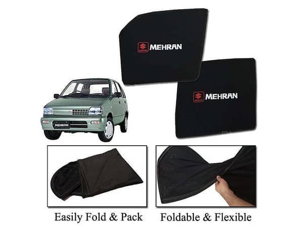 Foldable Sun Shades for Suzuki Mehran 1988-2019 | Mesh Fabric with Logo | Heat Resistant | Dark Black