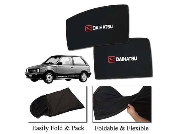 Foldable Sun Shades for Daihatsu Charade 1984-1986 | Dark Black Mesh with Logo | Heat Resistant