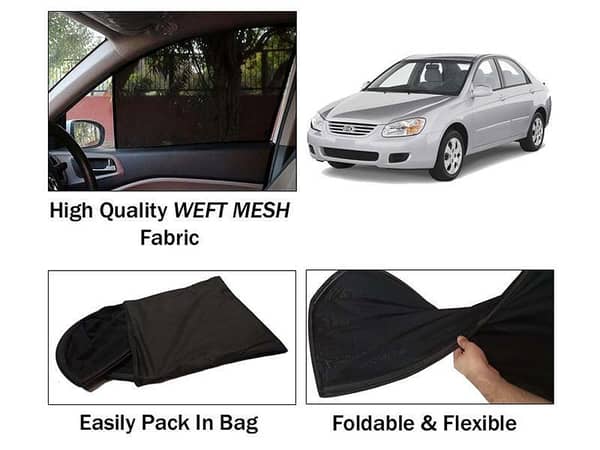 Kia Spectra 4-Piece Set of Foldable Sun Shades | Dark Black Mesh Fabric | Heat Protection