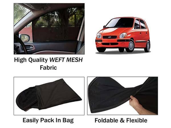 Sun Shades for Hyundai Santro Club 2003-2014 | 4-Piece Set | Foldable Mesh Fabric | Provides Heat Protection