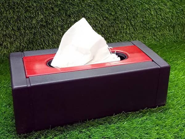 Tissue Box in Black with Maroon Wooden Top – Washable Plastic for Home, Office, and Car