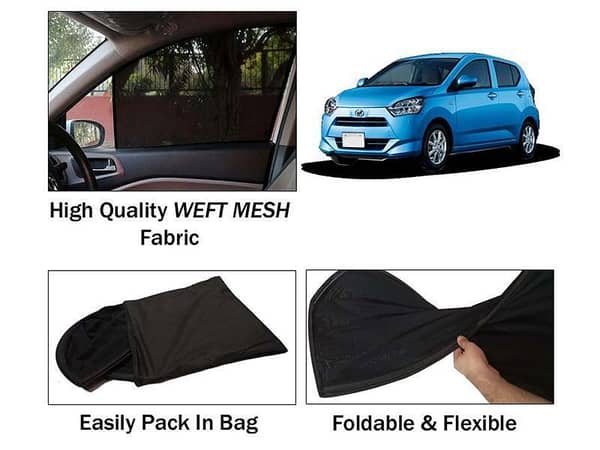 Daihatsu Mira Sun Shades (2018-2022) | 4-Piece Set | Foldable Mesh Fabric | Dark Black | Heat Resistant