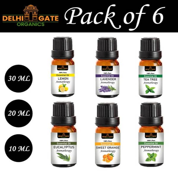 6-Pack of 100% Pure Essential Oils: Lemon, Lavender, Tea Tree, Eucalyptus, Sweet Orange, and Peppermint for Aromatherapy