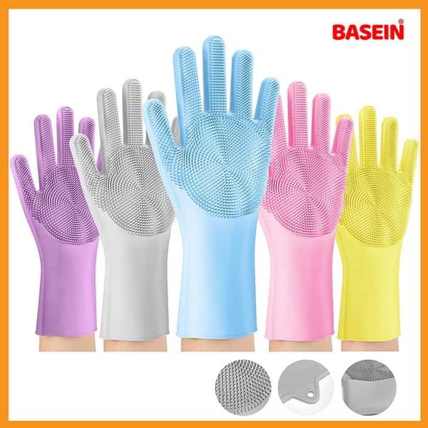 BASEIN Silicone Dishwashing Gloves - Reusable Cleaning Gloves with Built-in Brush for Kitchen, Housework, Cars, Bathrooms, Clothes, and Pet Care
