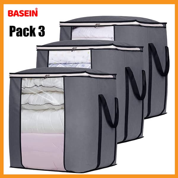BASEIN Large Storage Bags Pack of 3 for Bedding, Clothes, King Comforter, Pillow, and Sheets - Breathable Fabric, Grey