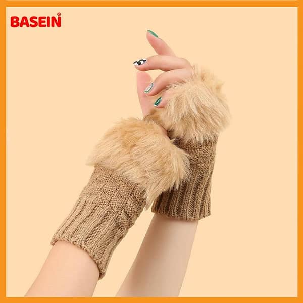 BASEIN Women's Fingerless Mittens - Plush Faux Knitting Wool Half Finger Gloves for Winter Warmth