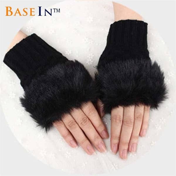 BASEIN Women's Fingerless Plush Faux Fur Gloves for Winter - Short Knit Mittens to Keep Hands Warm