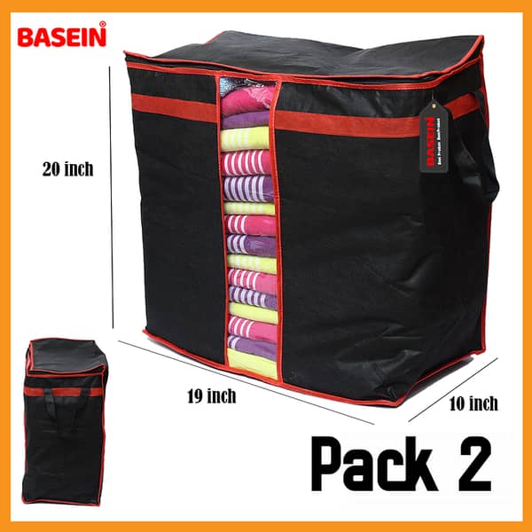 BASEIN Waterproof Oxford Fabric Foldable Storage Bag for Bedding, Pillows, and Clothes - 100gsm Black, Pack of 2