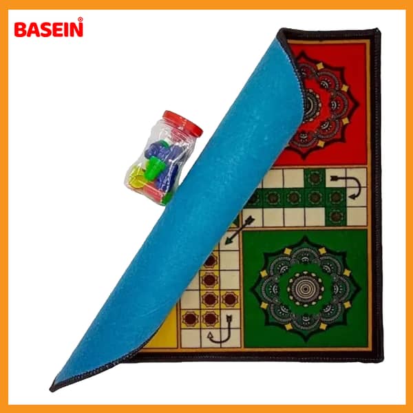BASEIN Jumbo Ludo Game Board - Washable & Foldable 2x2 Ft Carpet with Large Gotte Set for Family Fun