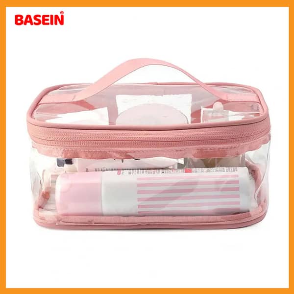 BASEIN Makeup Organizer and Travel Toiletry Bag - Pink Waterproof Clear Cosmetic Storage for Home and Travel