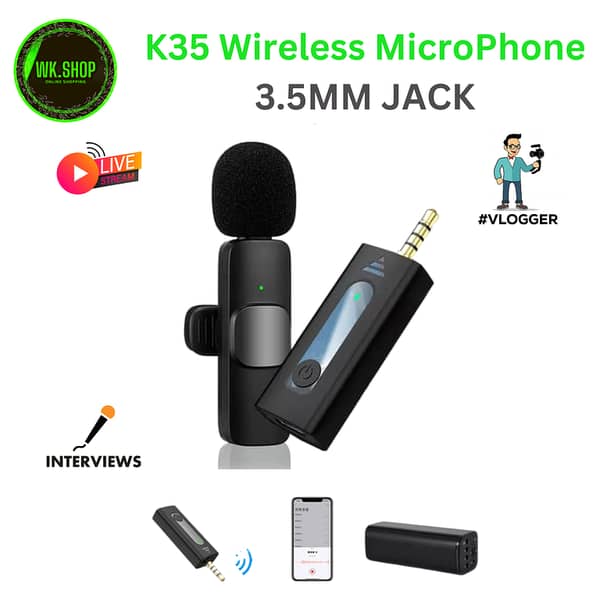 K35 True Wireless Lavalier Microphone for DSLR and Android - Noise Cancellation, 20m Range, Portable for Video Recording, Live Streaming, Vlogging, and YouTube