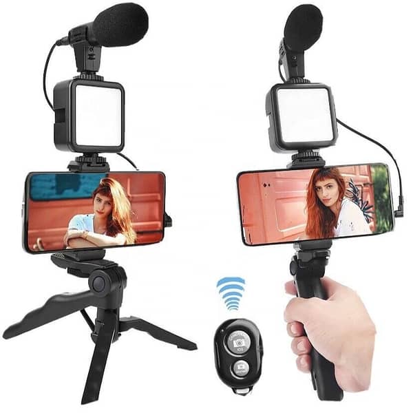AY-49 Vlogging Kit: Mobile Holder, Tripod Stand, LED Ring Light, Microphone, and Accessories for Video Recording and Live Streaming