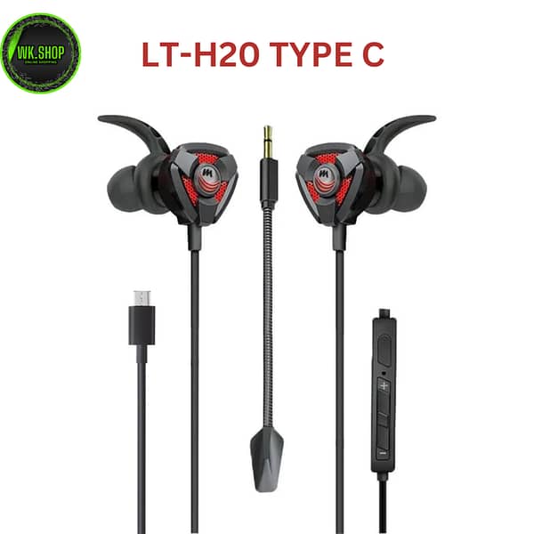 UltimateBass LT-H20 Wired Gaming Earphones with Type C Connector - In-Ear Headphones Featuring Detachable Mic for Mobile, Laptop, and PC
