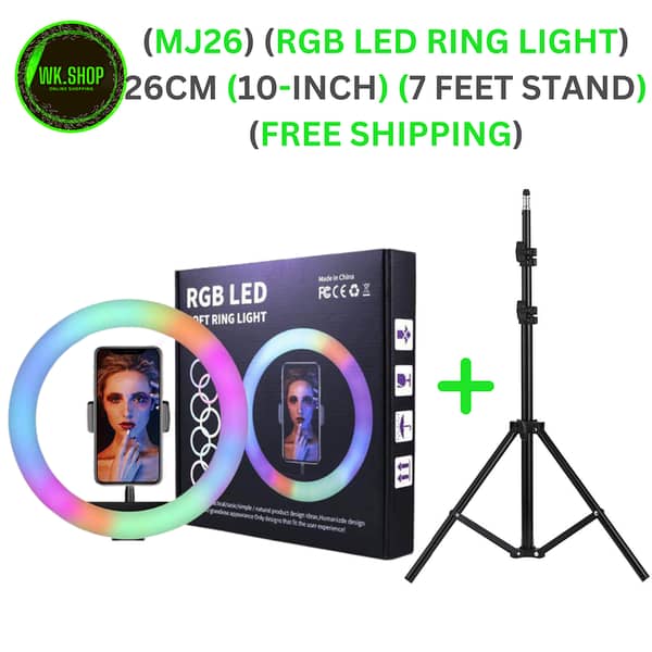 MJ26 10-Inch RGB LED Ring Light with Phone Holder for Selfies and Photography, Includes Stand for YouTube Live Streaming