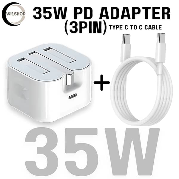 WK. SHOP 35W & 20W PD Charger Set | USB-C Power Adapters with 3-Pin & 2-Pin Plugs, Including USB-C to Lightning and USB-C to USB-C Cables for iPhone and iPad