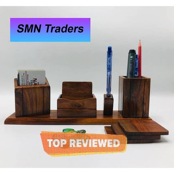 Wooden Desk Organizer Set by [Brand Name]: Includes 6 Coasters, Pen Stand, Business Card Holder, and Mobile Stand in Brown