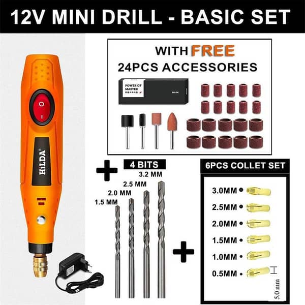 HILDA 12V Mini Drill Grinder and Engraving Pen Electric Rotary Tool Kit for Woodworking and Polishing