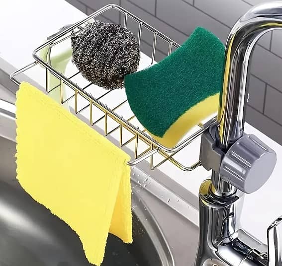 Adjustable Stainless Steel Faucet Storage Rack for Kitchen and Bathroom - Sponge, Soap, and Rag Holder