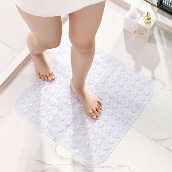 BEAR GRIPS Anti-Slip Bathroom Mat with Suction Grips for Seniors, 50x50 cm, Blue and Transparent, Prevents Falls and Provides Stability
