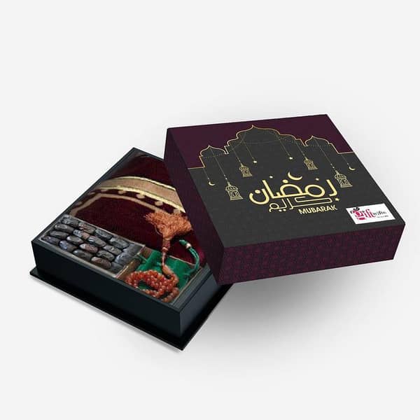 Ramadan Gift Box with Jay Namaz (Prayer Rug), 200g Dates, Topi (Prayer Cap), Tasbeeh, and Attar