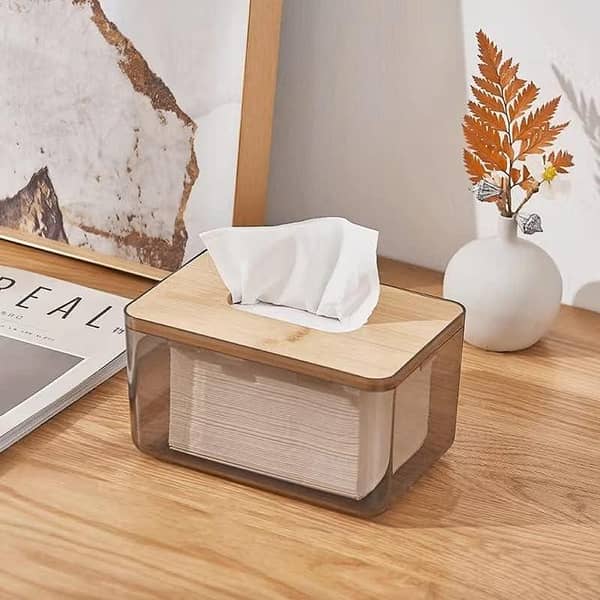 Bamboo Tissue Box Cover Holder - Modern Transparent Rectangular Dispenser for Facial Tissues in Bathroom, Bedroom, and Living Room