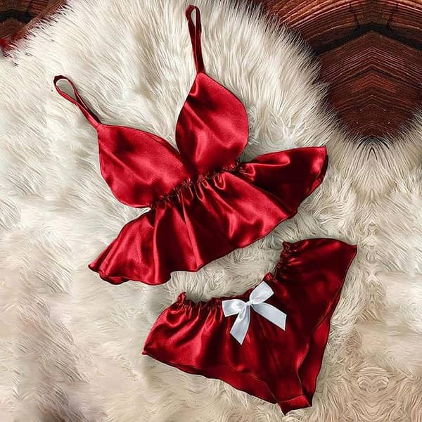 Silk Wear BI-014 Nighty Set for Women - V-Neck Stretchable Cami and Bowknot Shorts Sleepwear - 2 Piece Set