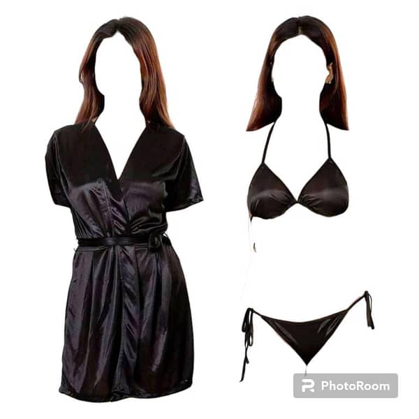 SW Women’s 3-Piece Silk Satin Nightwear Set: Nighty, Robe, and Gown for Bridal Sleepwear and Parties, Full Black Body Stocking with Free Bra BI-015