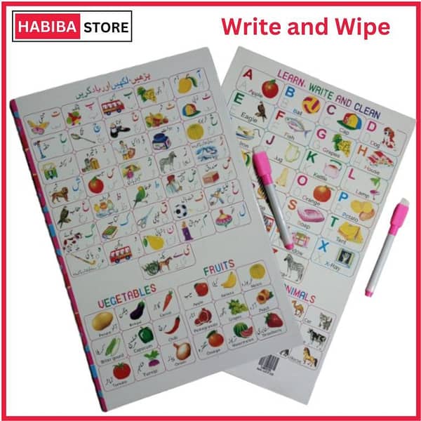 Reusable Whiteboard Notebook for Kids - Tracing and Writing Activities in English and Urdu