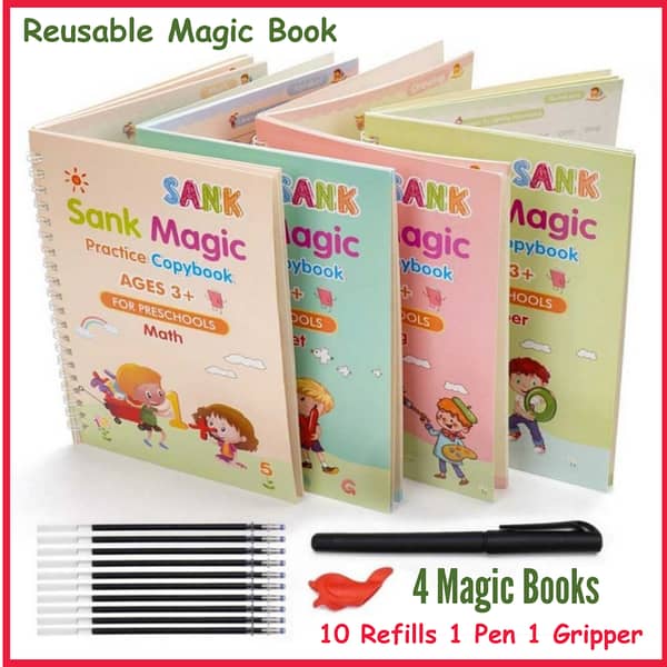Sank Magic Practice Copybook Set: 4 Books, Magic Pen, and 10 Ink Refills for Montessori Children's Handwriting and Tracing Skills