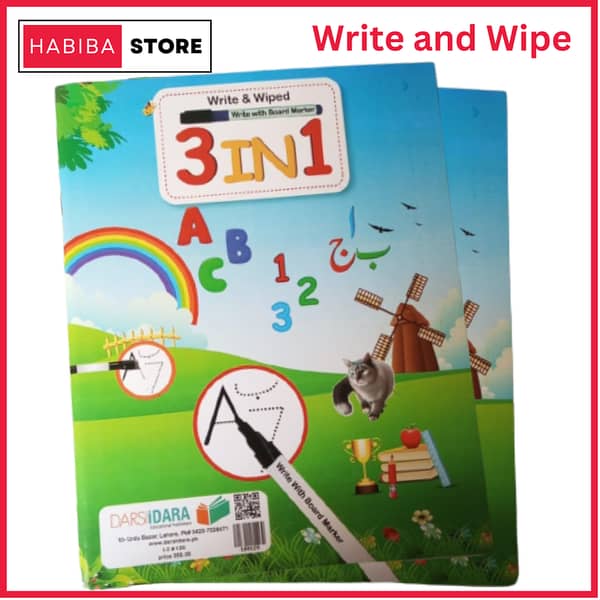 Kids 3-in-1 Write and Wipe Whiteboard Notebook for Tracing and Writing Activities in English, Urdu, and Maths