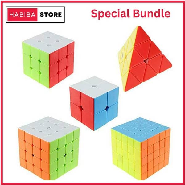 Bundle of 5 Stickerless Cubes (2x2, 3x3, 4x4, 5x5, Pyramid) - Quality Speed Cubes for Educational Puzzles and Competitions