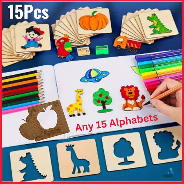 Complete A to Z Wooden Drawing Stencils for Kids | Available in Sets of 6, 15, or 26 Pieces | Art Kit for Colouring and Painting