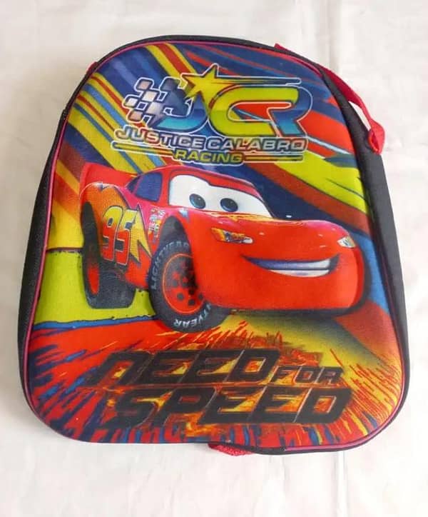 3D Car Cartoon School Backpack for Kids - Suitable for Nursery and Playgroup - Features Side Pockets and Durable Denim Material