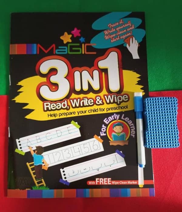 3-in-1 Reusable Magic Book for Kids: Read, Write, and Wipe with Marker and Duster - Tracing Activities in Urdu and English