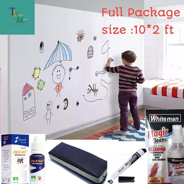 TYMS 10x2 ft Whiteboard Sticker Sheet for School, Office, and Home Use - Includes Sheet, Marker, Cleaner, and Duster