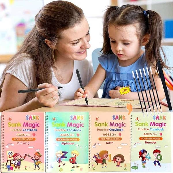 Sank Magic Practice Copybook Set: 4 Reusable Handwriting Books for Kids with 1 Pen, 10 Refills, and 1 Pen Case for Learning Alphabet, Numbers, Math, and Drawing
