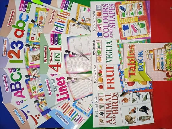 Set of 13 Educational Books: 8 Write & Wipe, 5 Reading Books, and 2 Markers for Early Learning