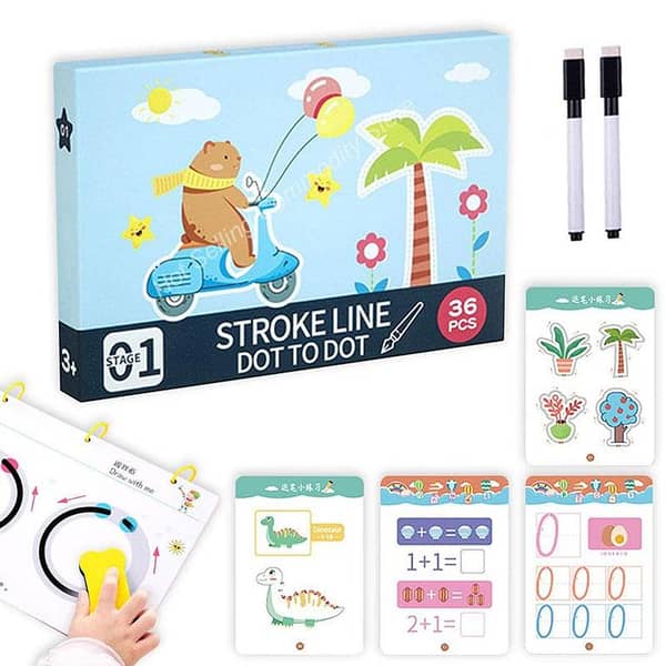 Stroke Line and Dot to Dot Write & Wipe Flash Cards - 36 Pages for Kids Aged 3 and Up - Stage 1 Learning Tool