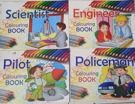 Pack of 4 Kids Coloring Books Featuring Different Professions - Scientist, Engineer, Pilot, Policeman - Ideal for Preschool and Pre-Primary
