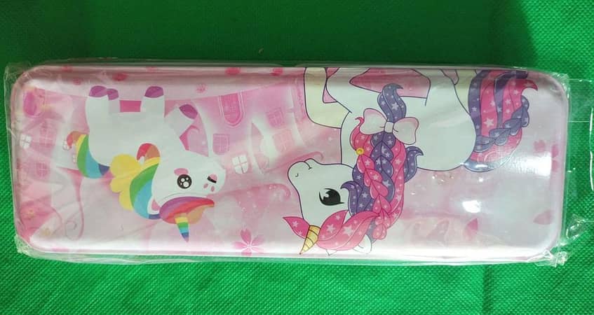 Double-Compartment Steel Pencil Box with Embossed Designs and Printed Tables Inside