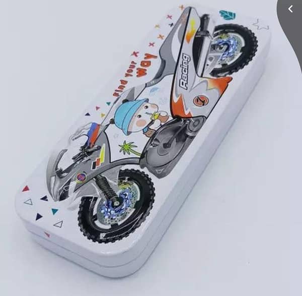 Metal Pencil Box with Bike Design - Available in 4 Colors for Kids