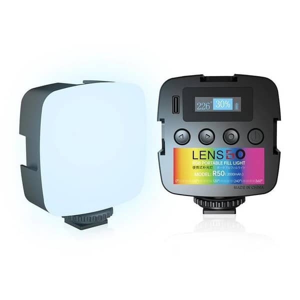LENSGO R50 Portable RGB Video Light - 360° Full Color LED Panel for Photography with 3 Cold Shoe Mounts and 2000mAh Rechargeable Battery, Dimmable 2500-9000K