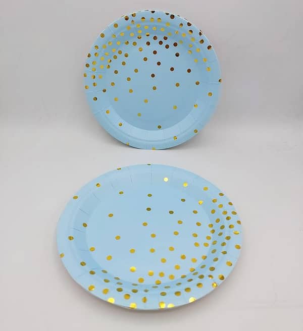 Pack of 10 Blue and Golden Polka Dot Paper Plates - 7 Inch Size