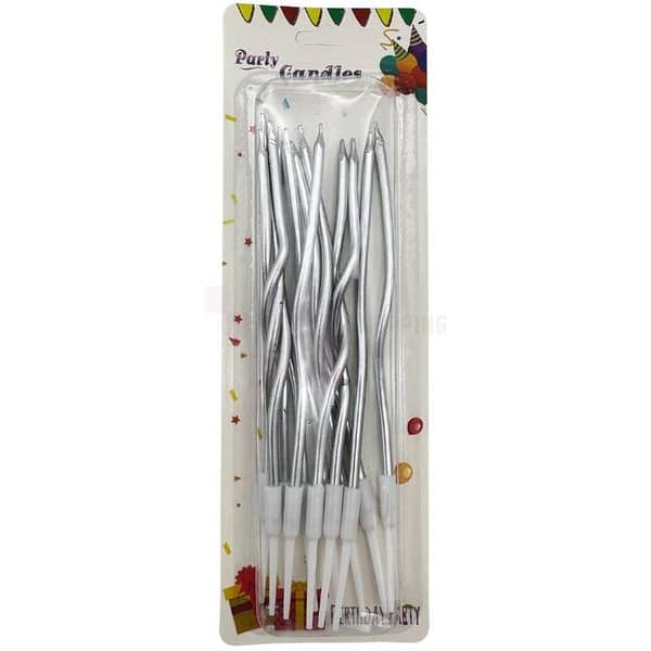 Pack of 12 Spiral Design Silver Candles for Cake Decoration