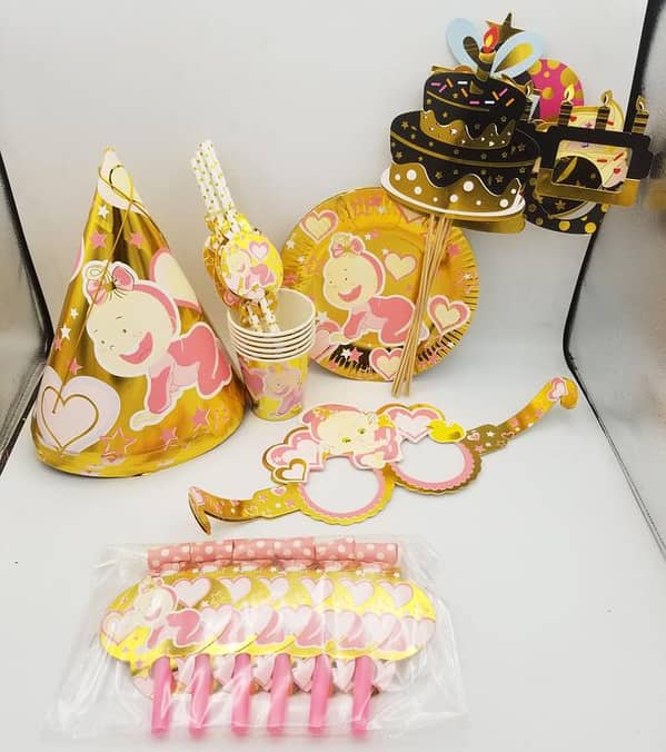 Baby Girl Birthday Party Set for 6 Kids - Includes Caps, Plates, Cups, Straws, Props, Masks, and Whistles
