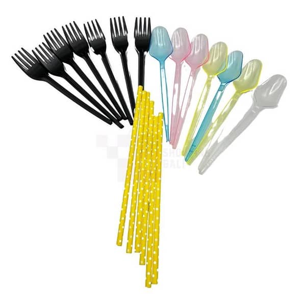 Set of 7 Black Forks, 7 Multicolor Spoons, and 6 Yellow Polka Dot Paper Straws for Party Use