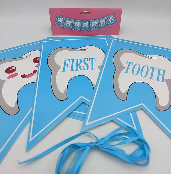 Blue 'Got My First Tooth' Banner with Ribbon Lace for Celebrations