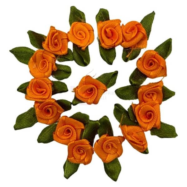 Pack of 65 Sew-On Orange Fabric Roses with Green Leaves - Unisex Embellishments for Crafts